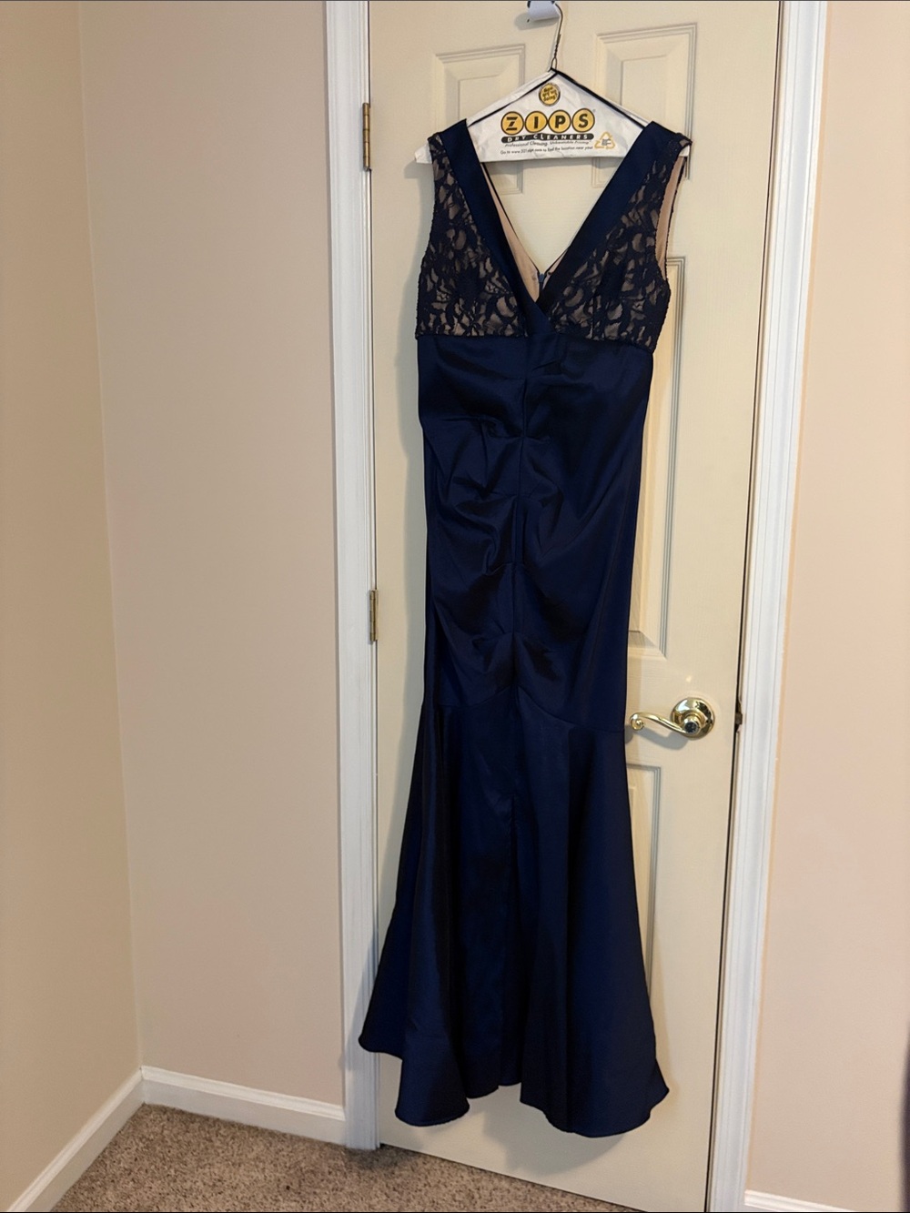 Elegant Navy Lace-Top Evening Gown